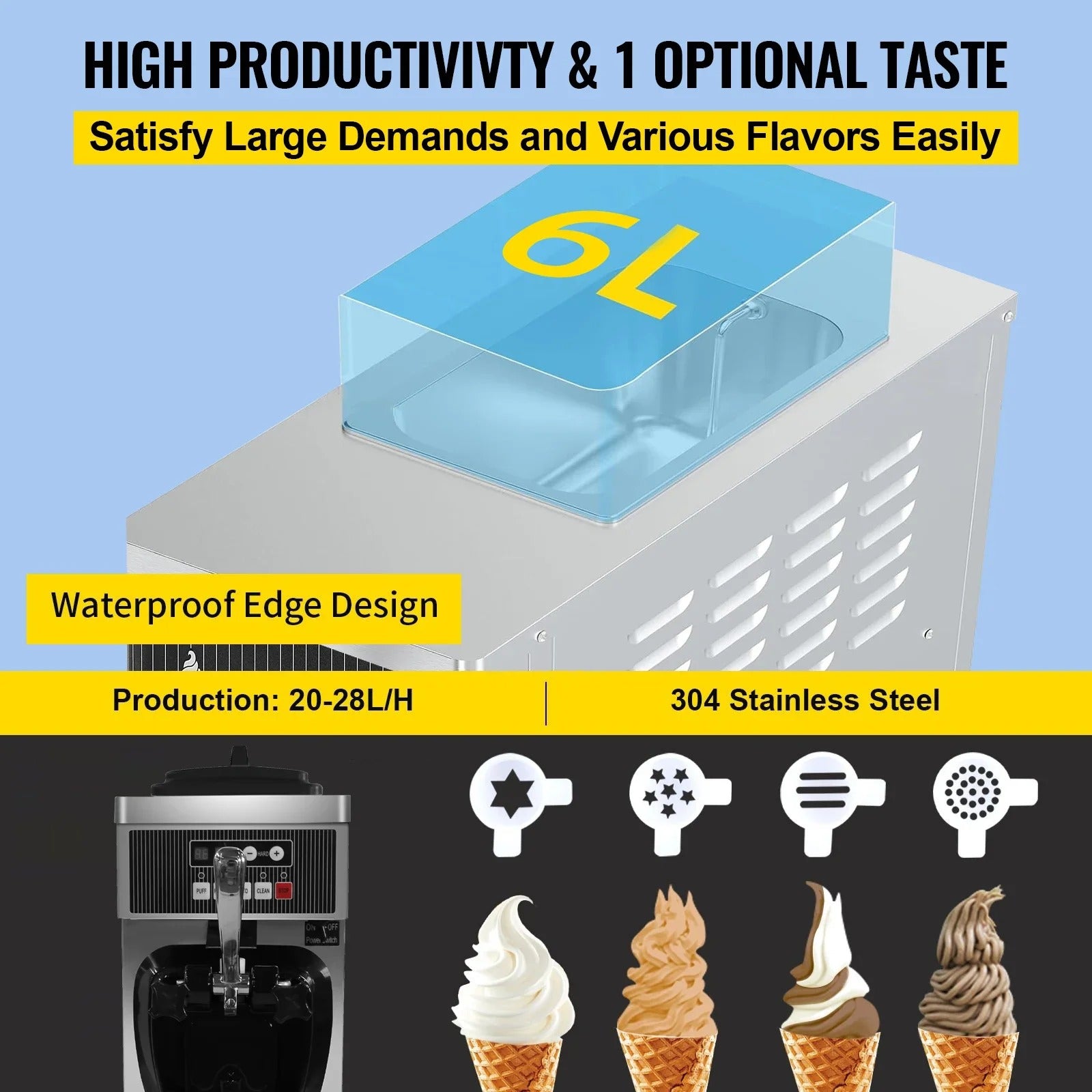 SIHAO 8116F Commercial Soft Serve Ice Cream Machine – Single Head Countertop Maker with Pre-Cooling, Puffing Pump & Low-Mix Alarm for Cafes & Dessert Shops