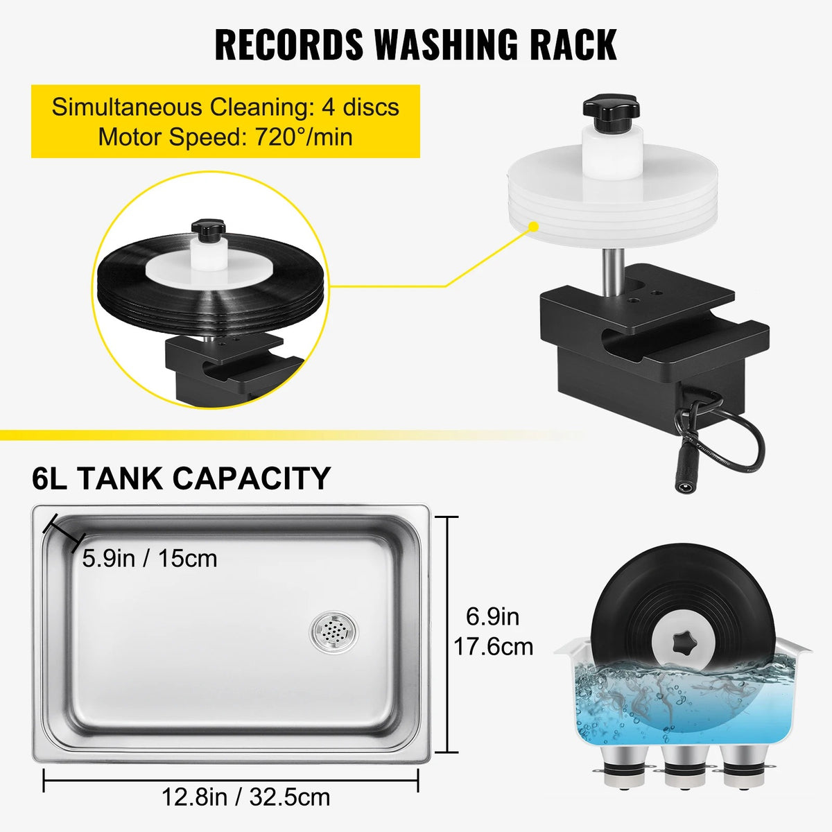 SIHAO 6L Ultrasonic Record Cleaner – 180W 40kHz Deep Cleaning System with Heat, Timer & Analog Knob for 8 Vinyls At Once, Safe for LP Restoration