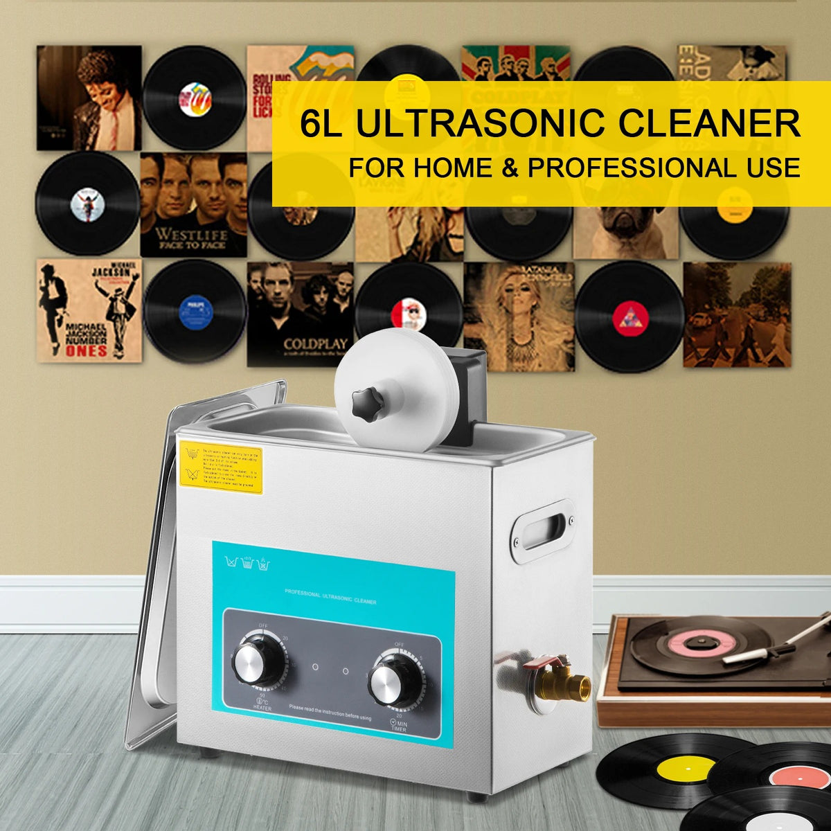 SIHAO 6L Ultrasonic Record Cleaner – 180W 40kHz Deep Cleaning System with Heat, Timer & Analog Knob for 8 Vinyls At Once, Safe for LP Restoration
