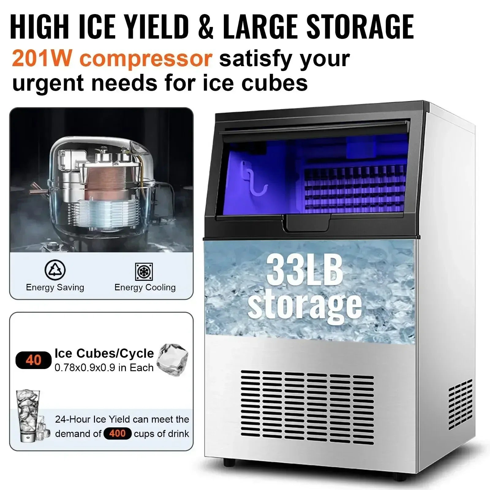 SIHAO 60kg/H Commercial Cube Ice Machine – Heavy-Duty Stainless Steel Unit with Large Storage Bin for Bars, Cafes & Hotels