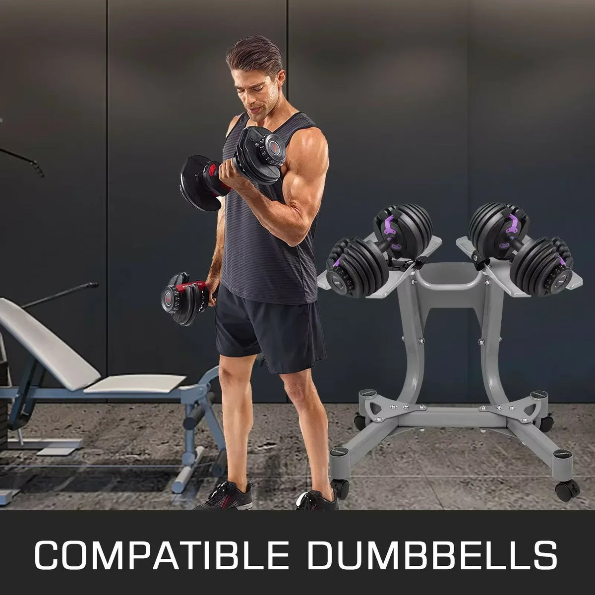 SIHAO Adjustable Dumbbell Stand with Wheels, 100KG Capacity & Towel Storage Rack, Home Gym Equipment for 24-40KG Dumbbells