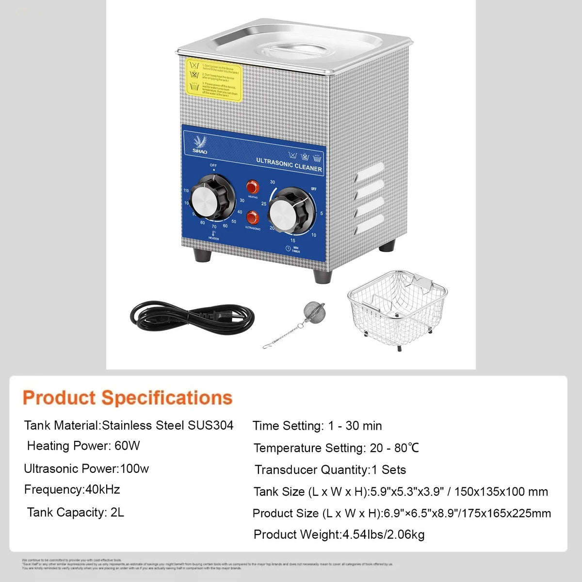 SIHAO 40kHz Ultrasonic Cleaner with Knob Control, Heater & Timer – Available in 2L To 30L Capacities, Ideal for Jewelry, Eyeglasses, Dentures, and Musical Instruments