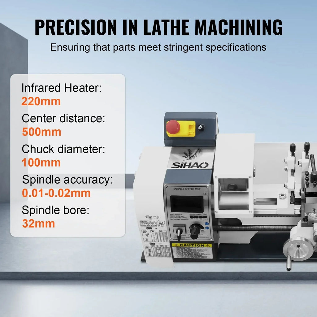 SIHAO 1200W Metal Lathe 220x500mm 0-3000RPM Variable Speed Precision Mini Lathe MT5 MT2 Taper for Engineering Workshop Laboratory Machine Tool