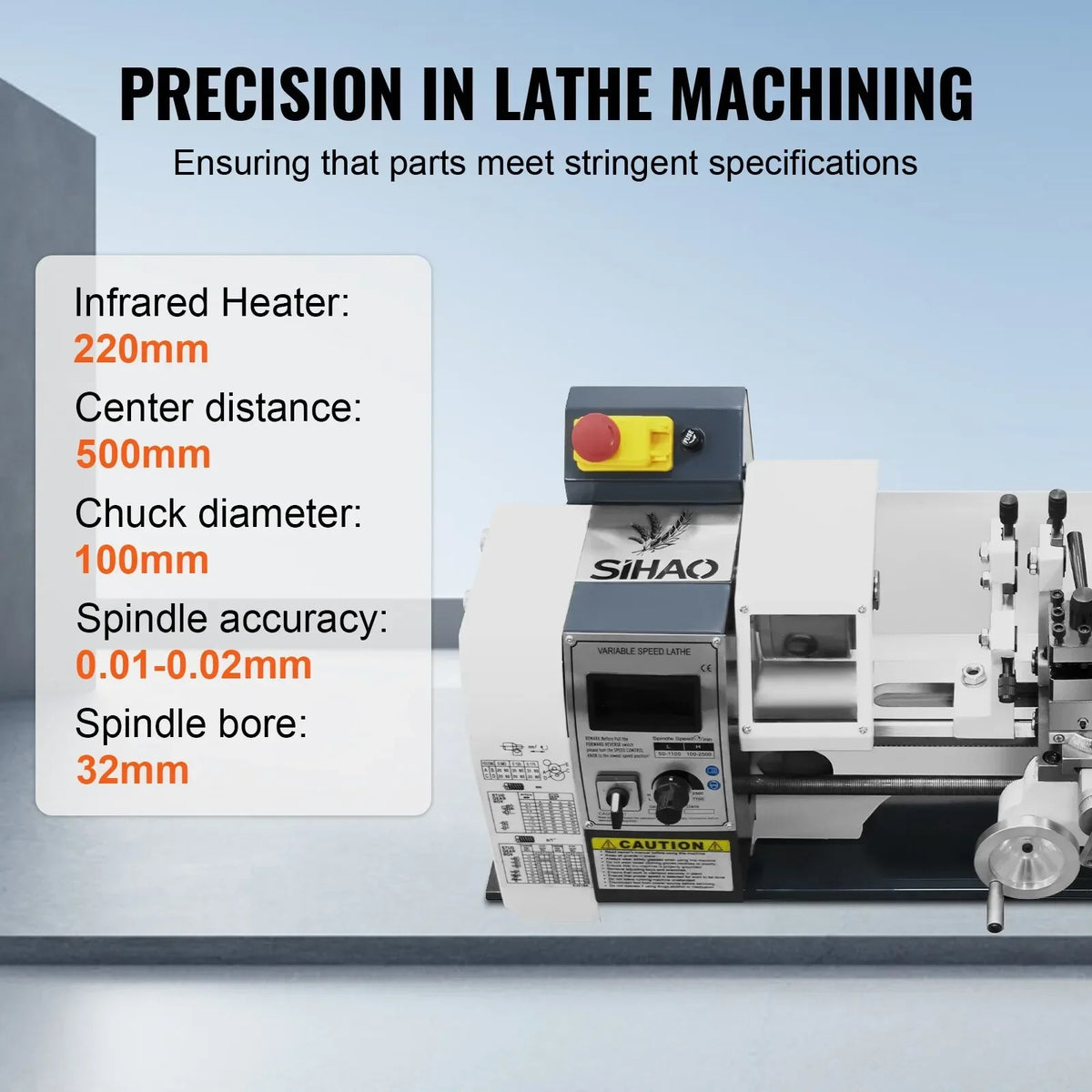 SIHAO 1200W Metal Lathe 220x500mm 0-3000RPM Variable Speed Precision Mini Lathe MT5 MT2 Taper for Engineering Workshop Laboratory Machine Tool
