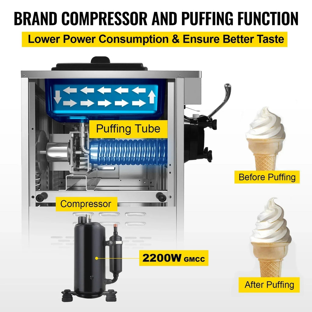 SIHAO 8116F Commercial Soft Serve Ice Cream Machine – Single Head Countertop Maker with Pre-Cooling, Puffing Pump & Low-Mix Alarm for Cafes & Dessert Shops