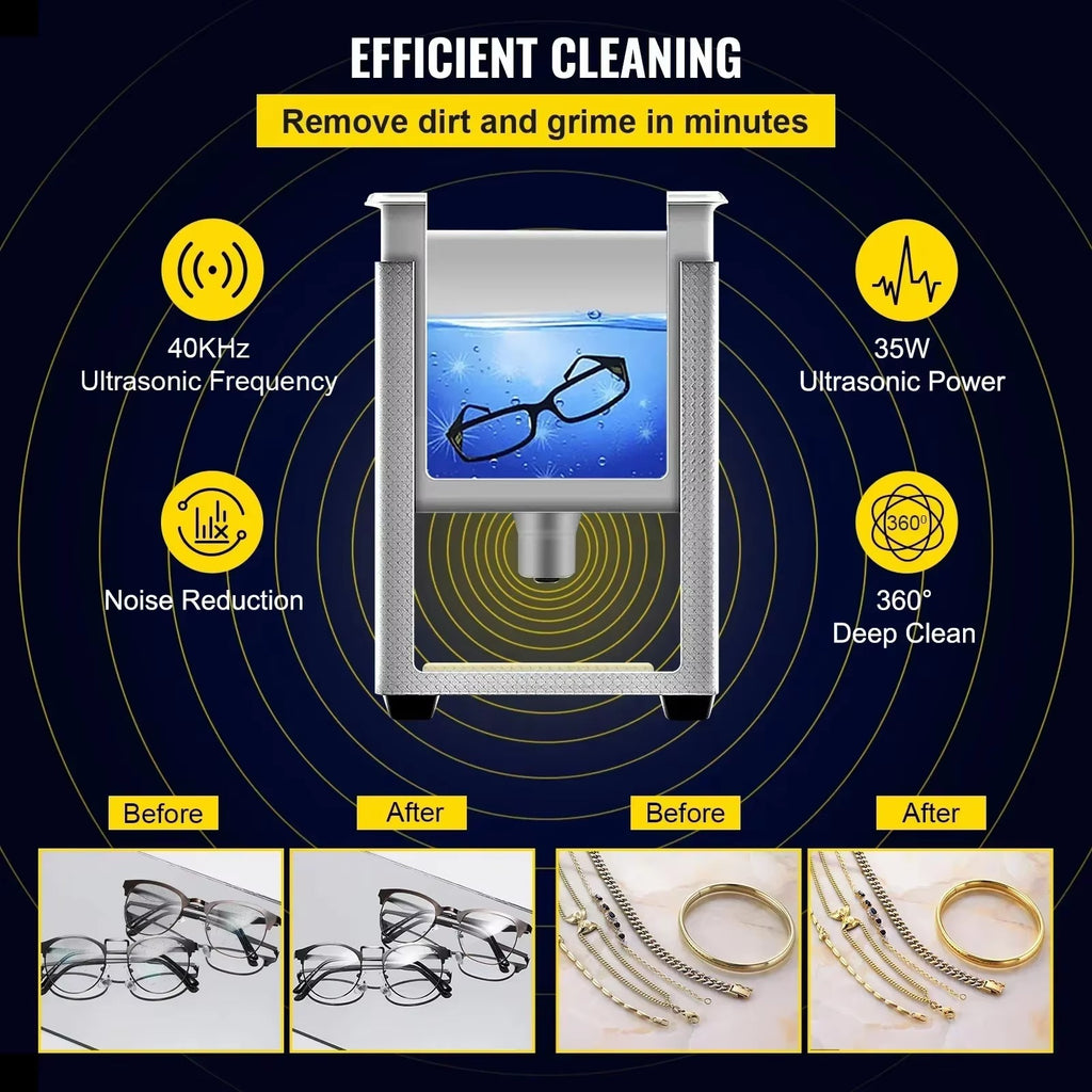 SIHAO 800ml Ultrasonic Cleaner 30W Portable Sonic Bath for Jewelry Glasses Watches Dentures Coins