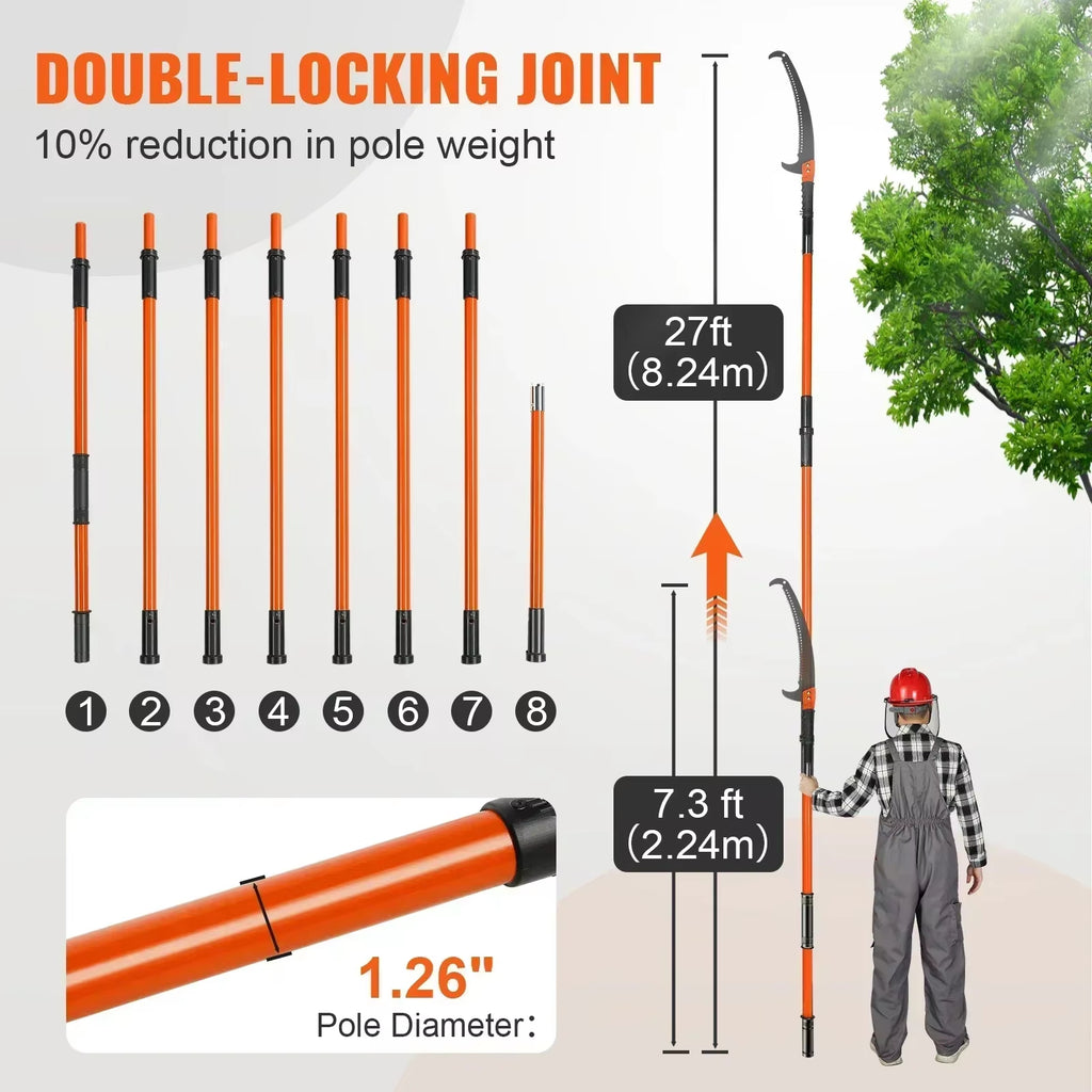 SIHAO Extendable Manual Tree Pruner 7.3-27ft ,  8 Fiberglass Handles Sharp Steel Blade Pole Saw for High Branch Palm Shrub Trimming
