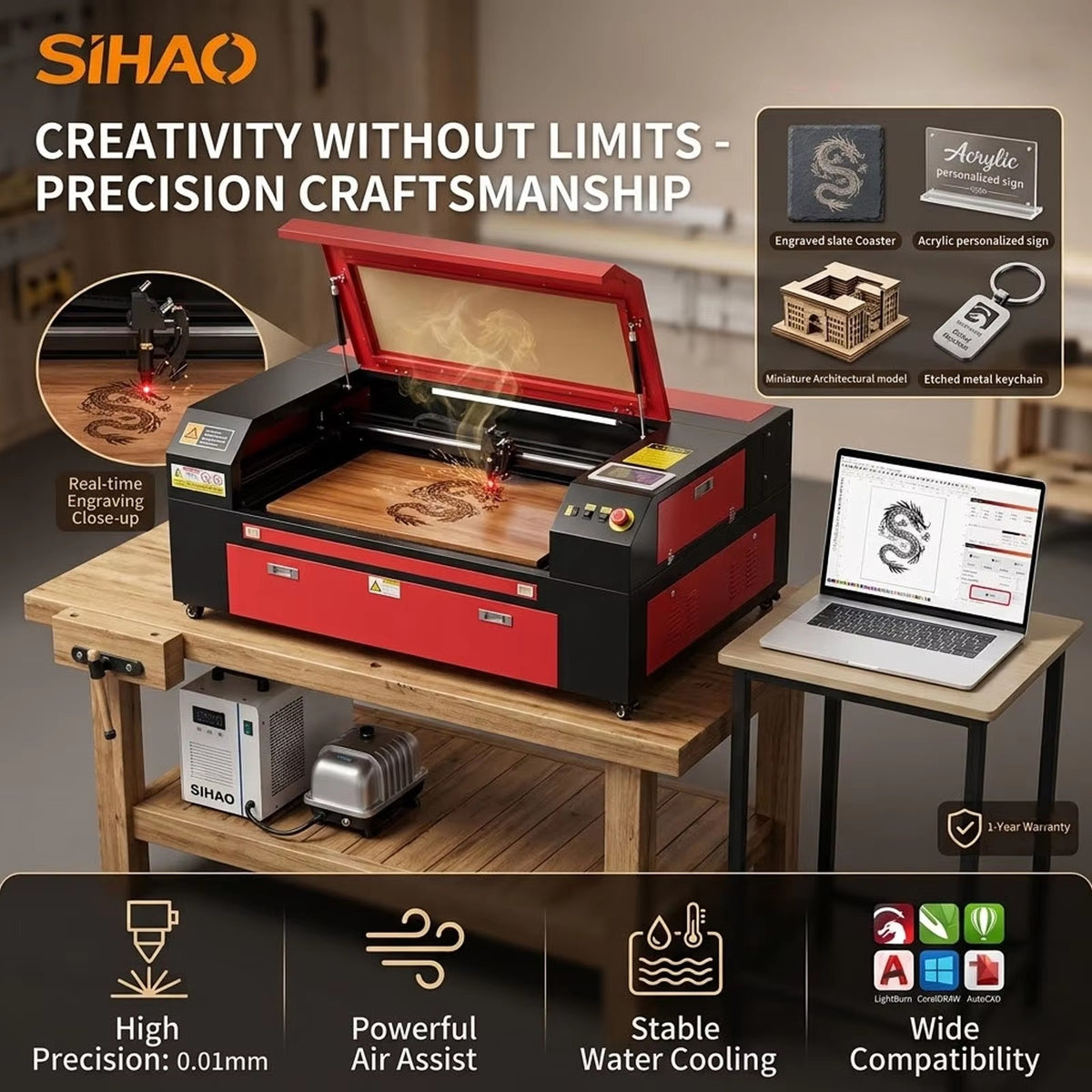 SIHAO CO2 Laser Engraver 70x50cm, LightBurn Compatible Laser Cutting Machine with Honeycomb Bed & Digital Control for Wood Acrylic