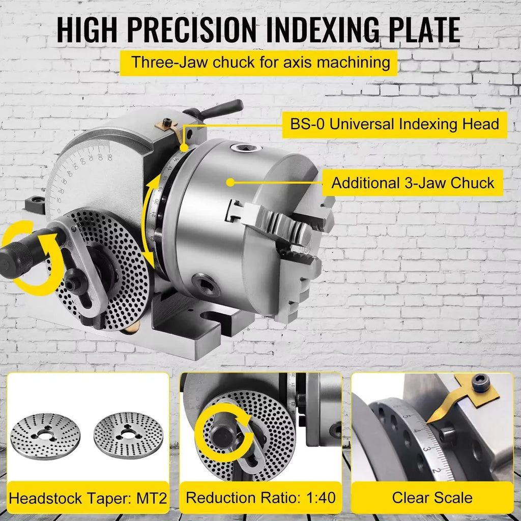 SIHAO Universal Dividing Head with 3-Jaw Chuck & Tailstock – Precision Indexing Head for Milling, Drilling & Grinding, Available in 4", 5" & 6" Chuck Sizes