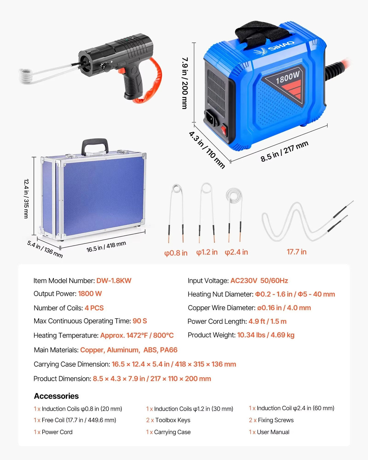 SIHAO 1800W Induction Heater Bolt Removal Kit, Magnetic Nut Buster Tool for Rusty Screw