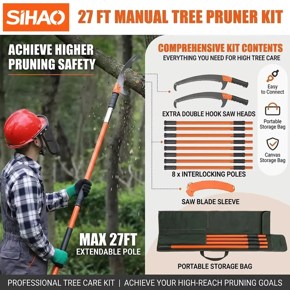 SIHAO Extendable Manual Tree Pruner 7.3-27ft ,  8 Fiberglass Handles Sharp Steel Blade Pole Saw for High Branch Palm Shrub Trimming
