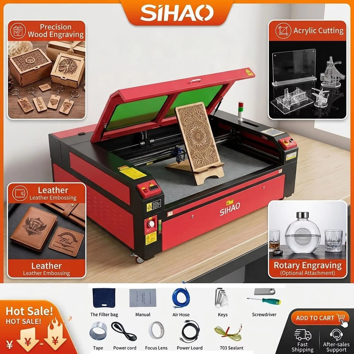 SIHAO CO2 Laser Engraver 50/60/80/100/130W, Ruida & LightBurn Laser Engraving Machine for Wood Fabric