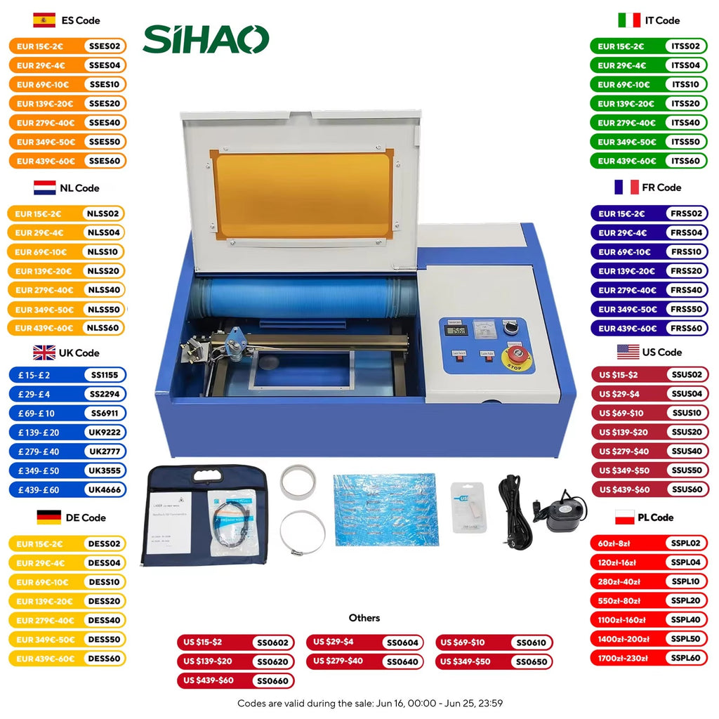 SIHAO 40W CO2 Laser Engraving Cutting Machine 30×20cm — Laser Engraver with USB for Wood Leather Woodworking