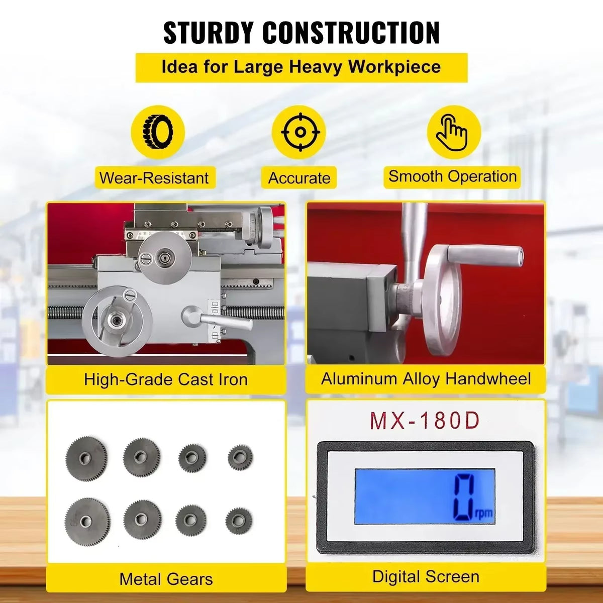 SIHAO MX-180D 600W CNC Mini Metal Lathe Variable Speed Digital Display — Bench Milling Machine for Turning Threading Taper Processing