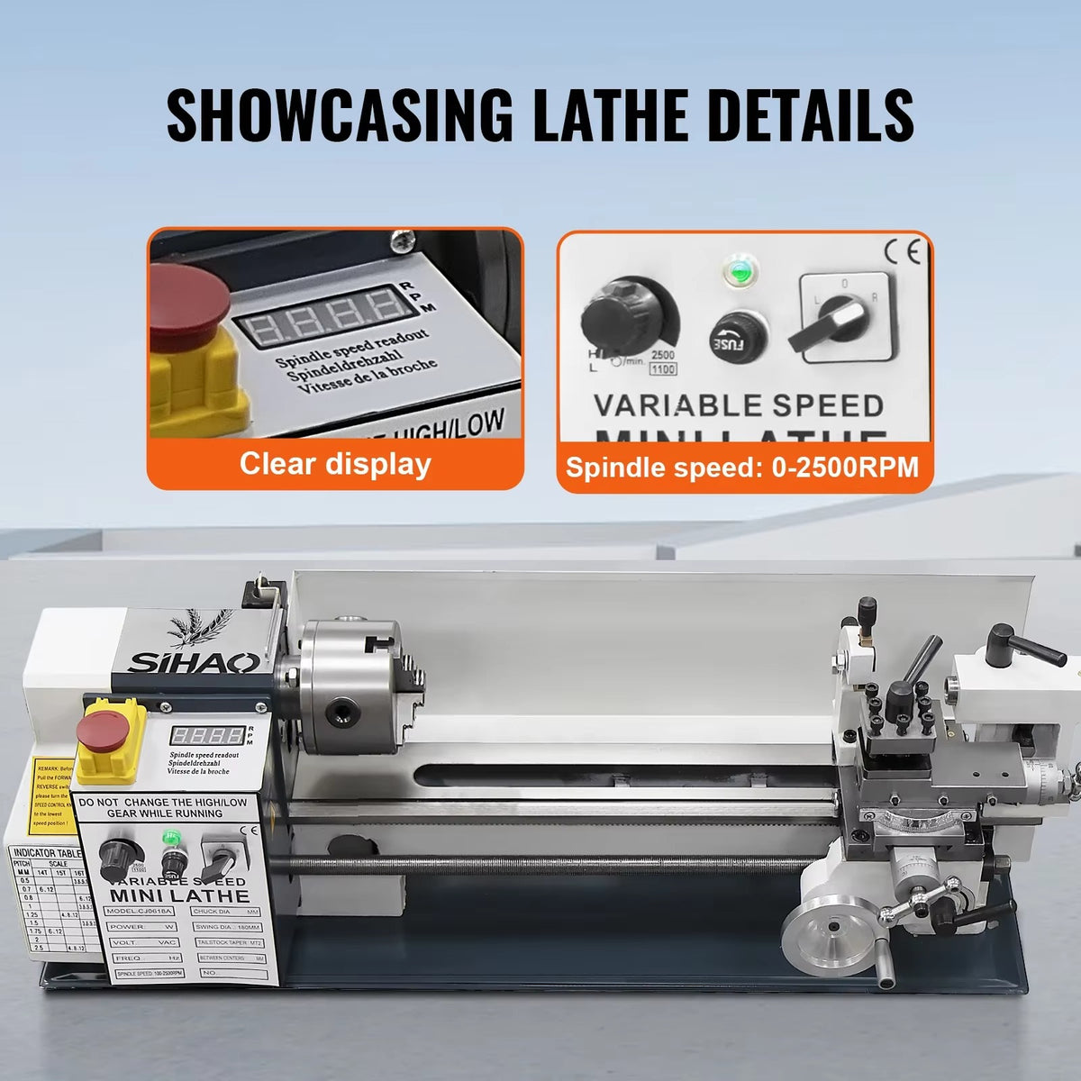 SIHAO 750W Mini Metal Lathe 180×350mm — 4 Inch 3-Jaw Chuck DC Motor Benchtop Metal Turning Machine for Metalworking Projects