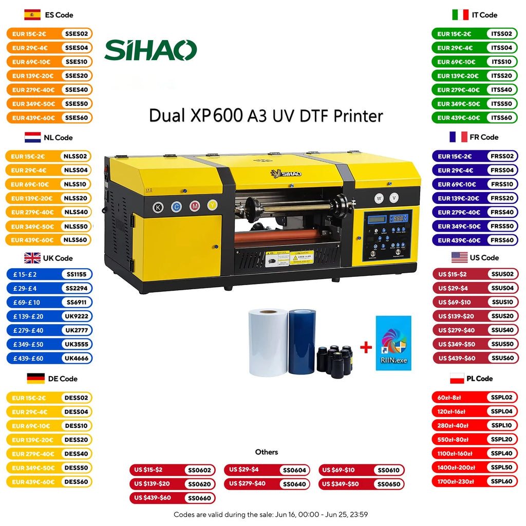 SIHAO XP600 UV DTF Printer 4-Color A3 Sticker Maker – Multi-Substrate Transfer Kit for Acrylic, Wood, Metal & Bottle DIY Craft Decoration
