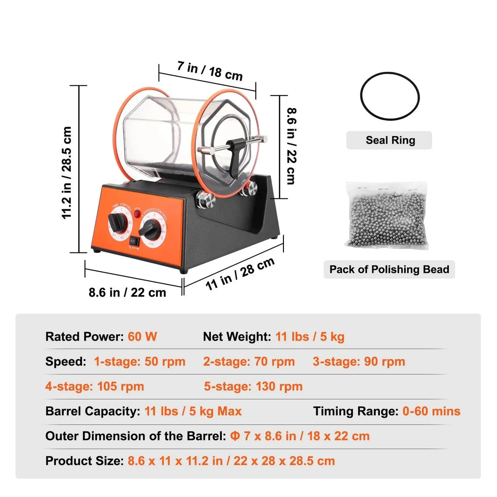 SIHAO 3-5kg Jewelry Tumbler – 5-Speed Rotary Finisher with Digital Timer & Reversible Rotation for Polishing, Burnishing & Metal Tumbling