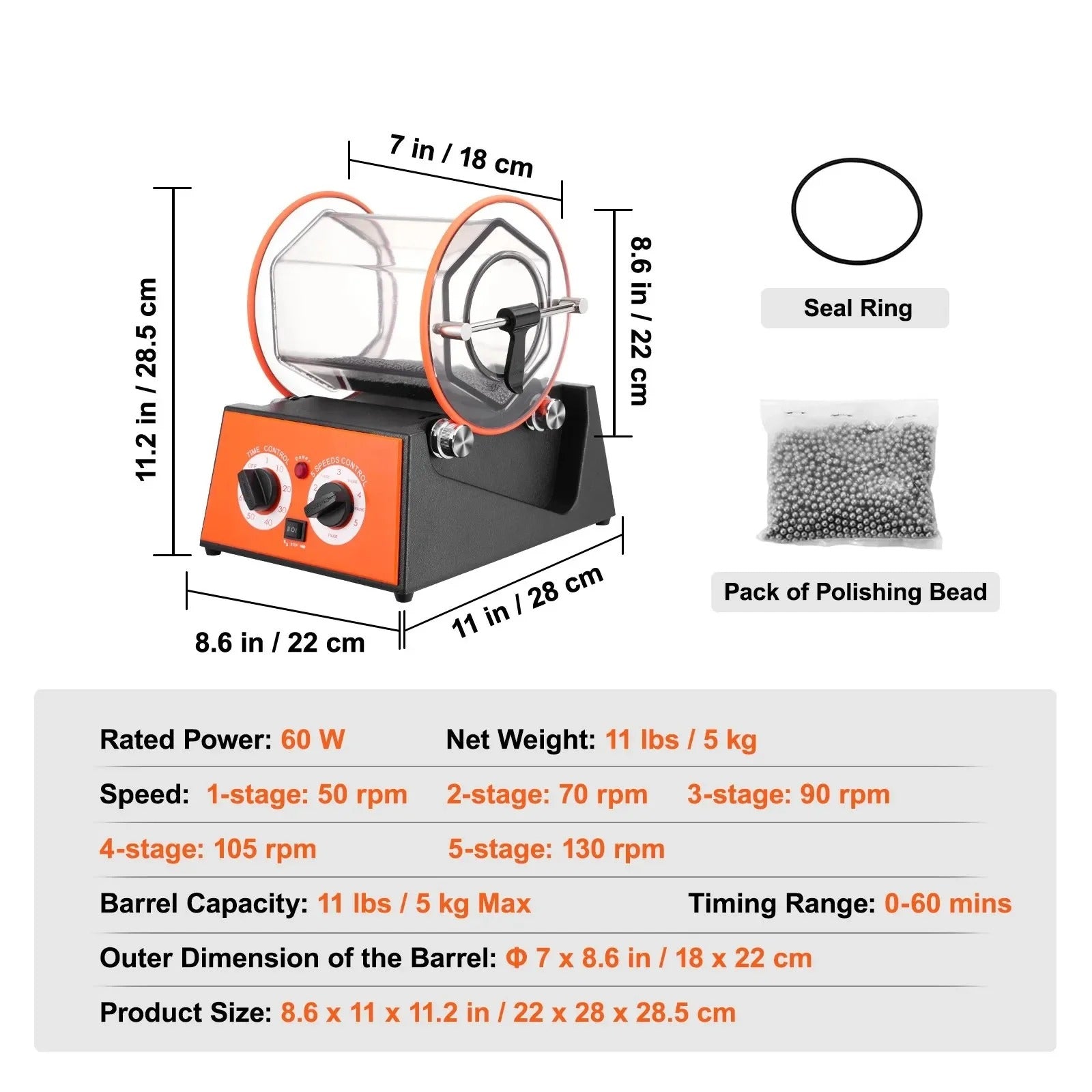 SIHAO 3-5kg Jewelry Tumbler – 5-Speed Rotary Finisher with Digital Timer & Reversible Rotation for Polishing, Burnishing & Metal Tumbling
