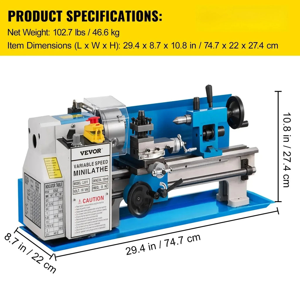 SIHAO Metal Mini Lathe Machine Mini Metal Lathe 7"x14" 550W 180x350mm Variable Speed with 3 Jaw Chuck for Metalworking Machine