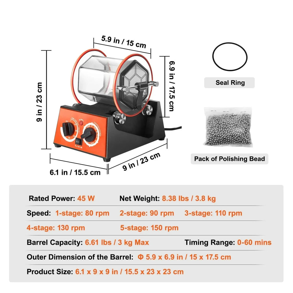 SIHAO 3-5kg Jewelry Tumbler – 5-Speed Rotary Finisher with Digital Timer & Reversible Rotation for Polishing, Burnishing & Metal Tumbling