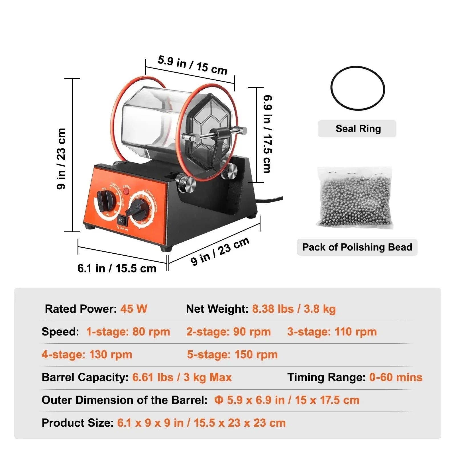 SIHAO 3-5kg Jewelry Tumbler – 5-Speed Rotary Finisher with Digital Timer & Reversible Rotation for Polishing, Burnishing & Metal Tumbling
