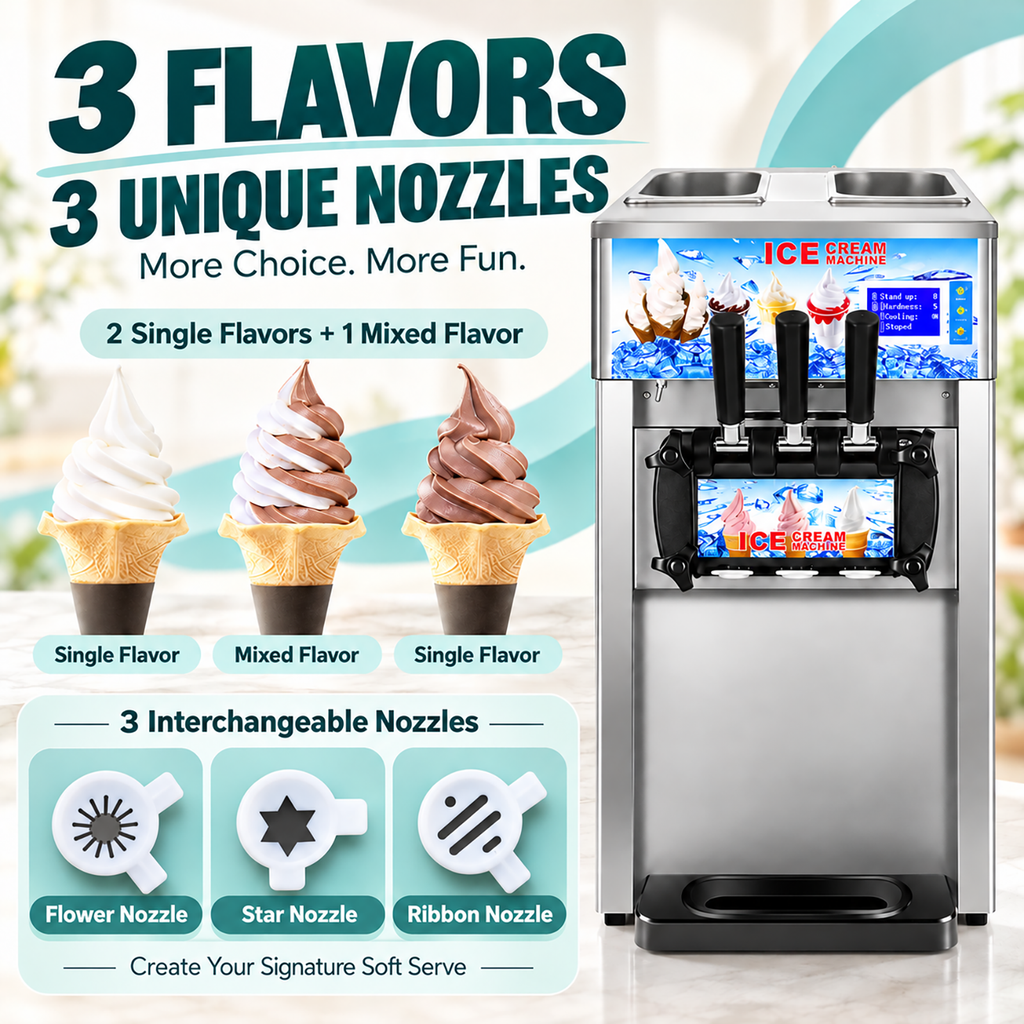 SIHAO ZM-A168 Commercial Soft Serve Ice Cream Machine | 3 Flavors, Pre-Cooling, Tabletop