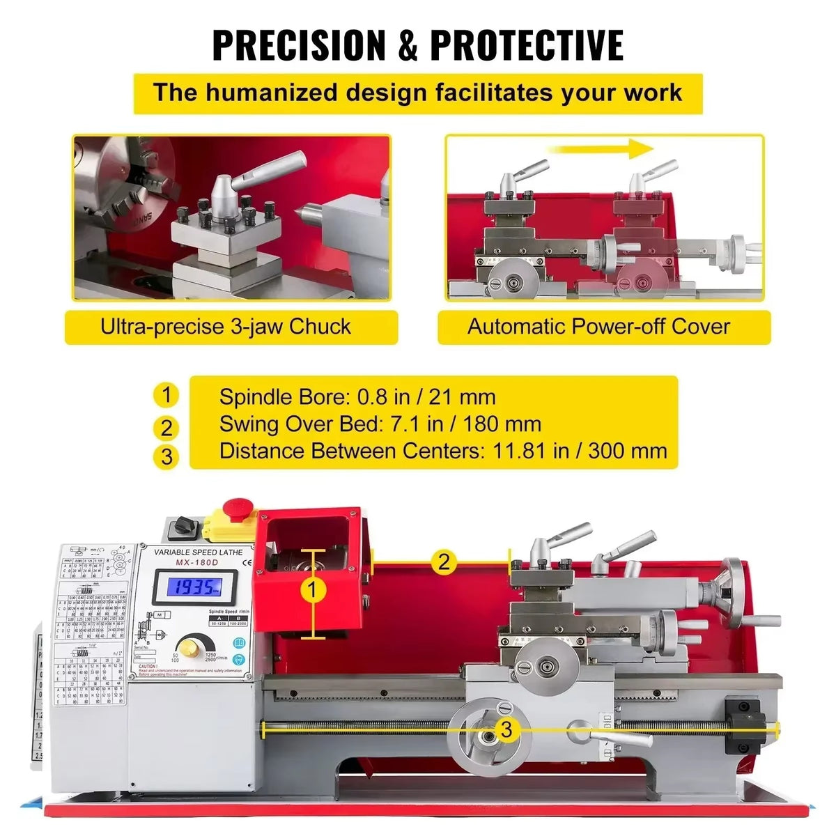 SIHAO MX-180D 600W CNC Mini Metal Lathe Variable Speed Digital Display — Bench Milling Machine for Turning Threading Taper Processing