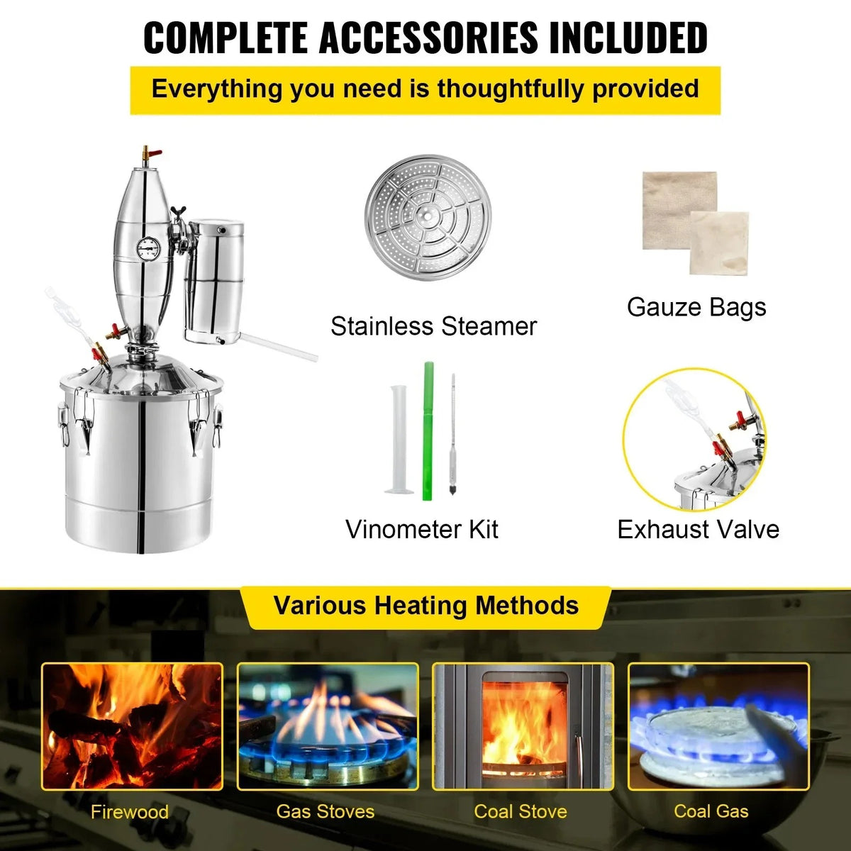 SIHAO Stainless Steel Moonshine Still Kit – 20L To 70L Capacity Options, with Copper Reflux Coil, Thermometer, Ideal for Whisky, Brandy & Essential Oils