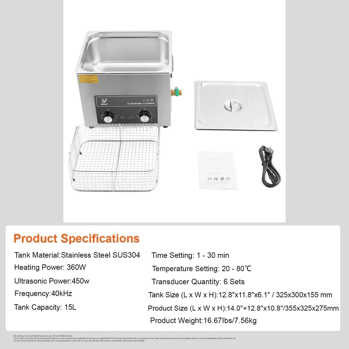 SIHAO 40kHz Ultrasonic Cleaner with Knob Control, Heater & Timer – Available in 2L To 30L Capacities, Ideal for Jewelry, Eyeglasses, Dentures, and Musical Instruments