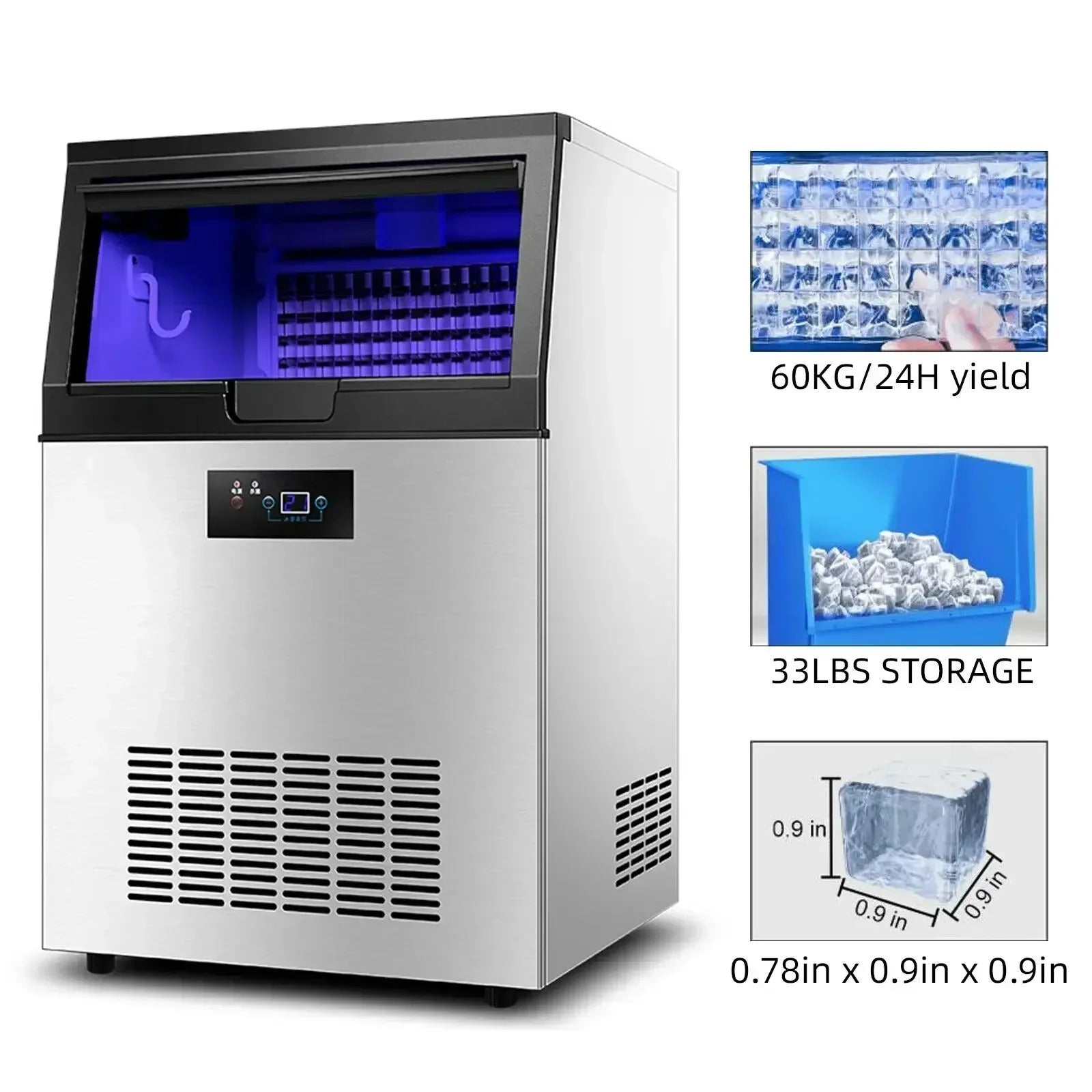 SIHAO 60kg/H Commercial Cube Ice Machine – Heavy-Duty Stainless Steel Unit with Large Storage Bin for Bars, Cafes & Hotels