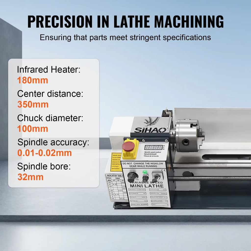 SIHAO 750W Mini Metal Lathe 180×350mm — 4 Inch 3-Jaw Chuck DC Motor Benchtop Metal Turning Machine for Metalworking Projects