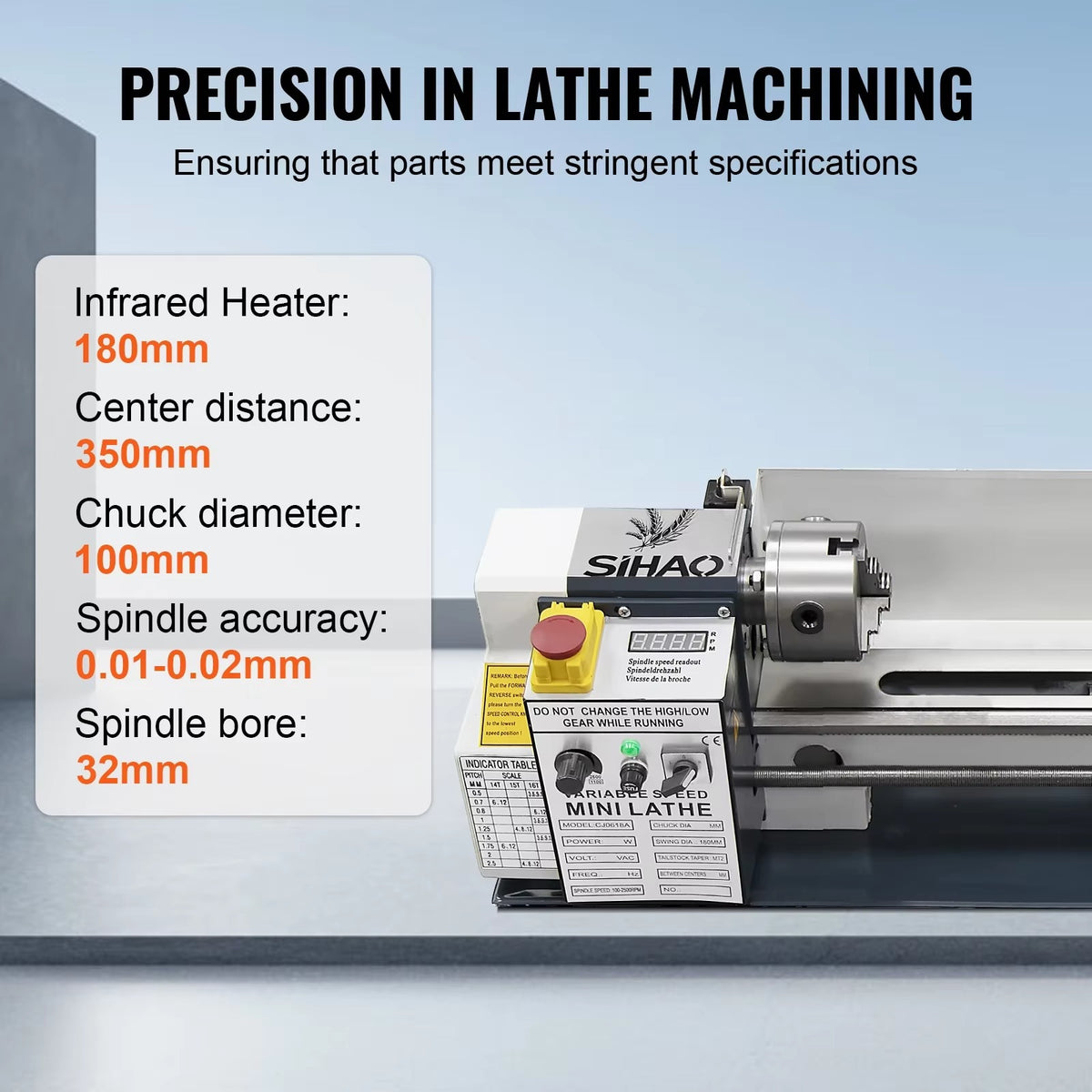 SIHAO 750W Mini Metal Lathe 180×350mm — 4 Inch 3-Jaw Chuck DC Motor Benchtop Metal Turning Machine for Metalworking Projects