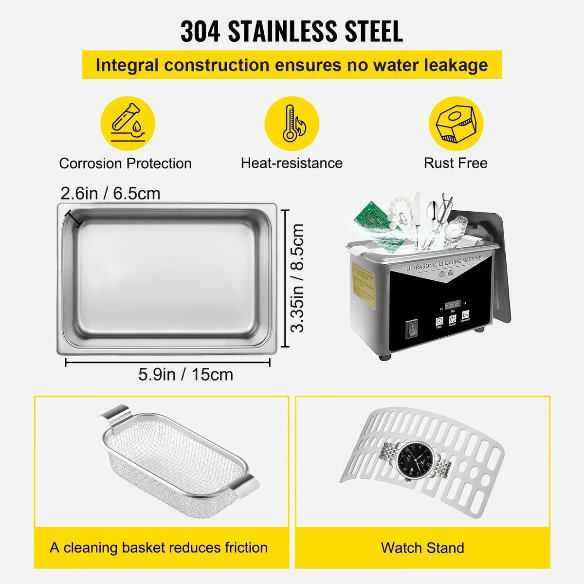 SIHAO 800ml Ultrasonic Cleaner 30W Portable Sonic Bath for Jewelry Glasses Watches Dentures Coins