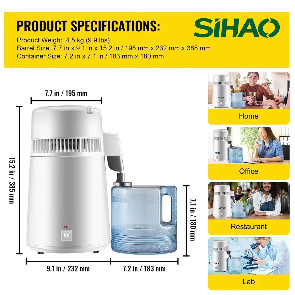 SIAHO 4L 220V Water Distiller Purifier 1L/h 304 Stainless Steel Auto Shut-Off for Essential Oil Extraction Dental Medical Home Use