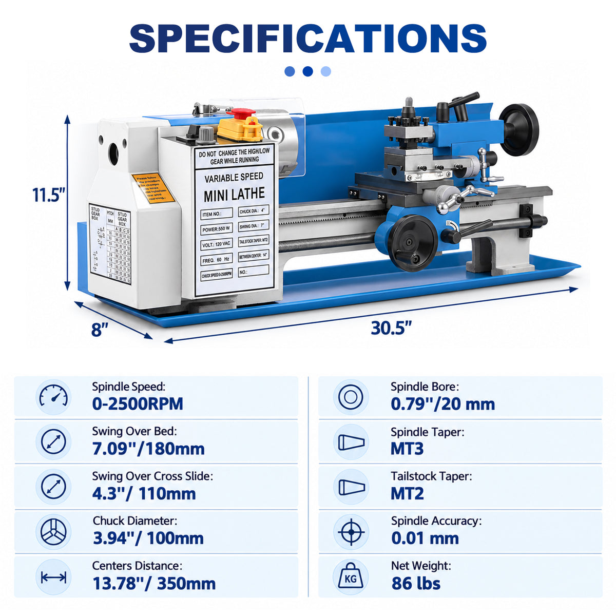 SIHAO Mini Metal Lathe Machine 550W, 7x14 Inch180x350mm Variable Speed Benchtop Lathe with 3-Jaw Chuck for Precision Metalworking, DIY Machining and Workshop Use