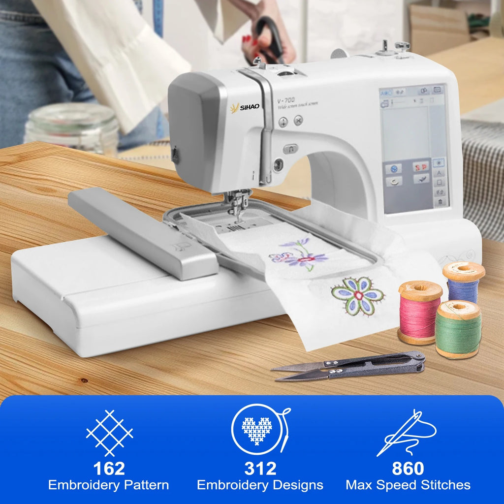 SIHAO MRSV700 Automatic Embroidery Machine with Touch Screen – Computerized Home/Commercial Use, Supports LOGO, Letters, and Electric Sewing (Sewing & Embroidery Combo)