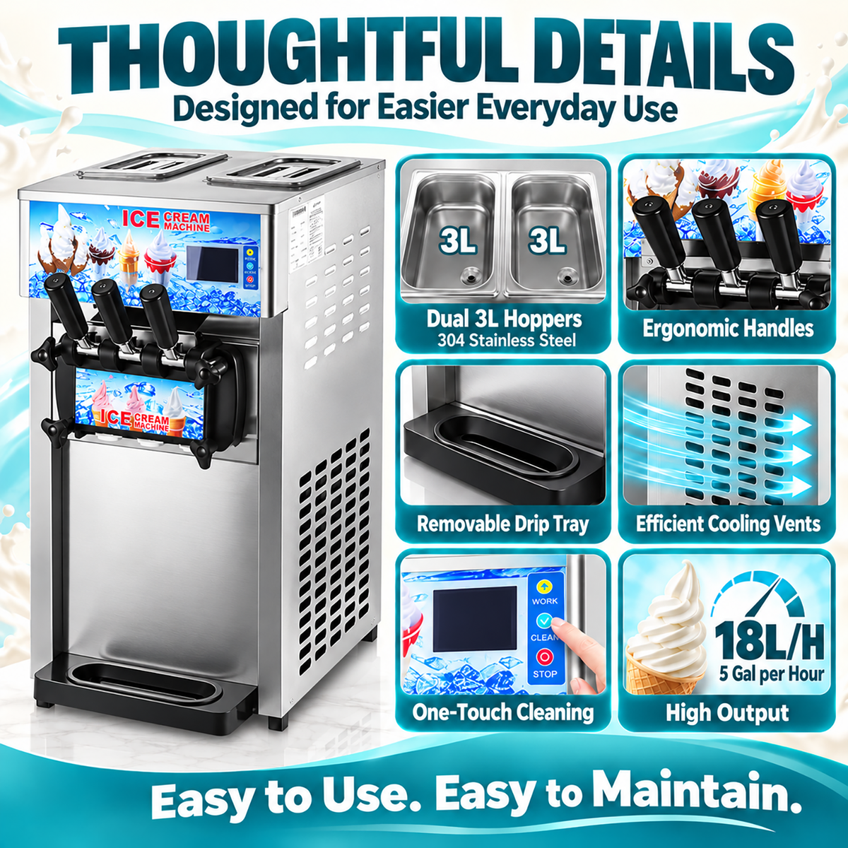 SIHAO ZM-A168 Commercial Soft Serve Ice Cream Machine | 3 Flavors, Pre-Cooling, Tabletop
