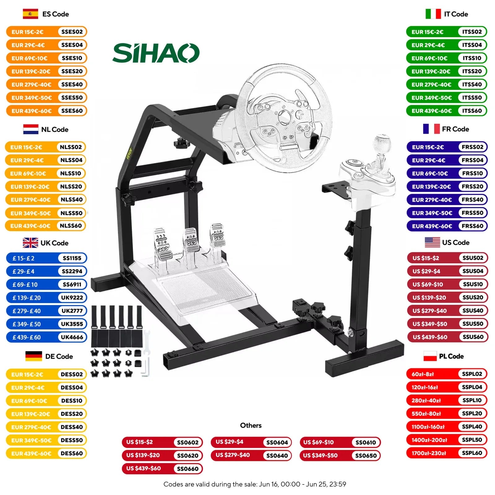 SIHAO Racing Wheel Stand – Adjustable Simulator Cockpit W/ Shifter Mount & Pedal Plate for Logitech G25/G27/G29/G920 & Thrustmaster