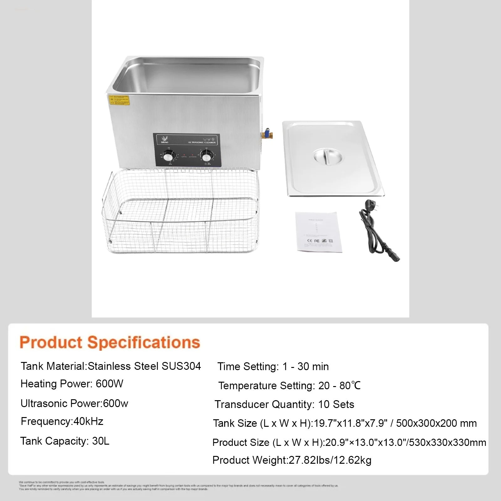SIHAO 40kHz Ultrasonic Cleaner with Knob Control, Heater & Timer – Available in 2L To 30L Capacities, Ideal for Jewelry, Eyeglasses, Dentures, and Musical Instruments