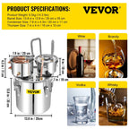 SIHAO Copper & Stainless Steel Moonshine Still – Home Alcohol Distiller with Built-in Thermometer & Condenser for Whiskey, Brandy & Essential Oils