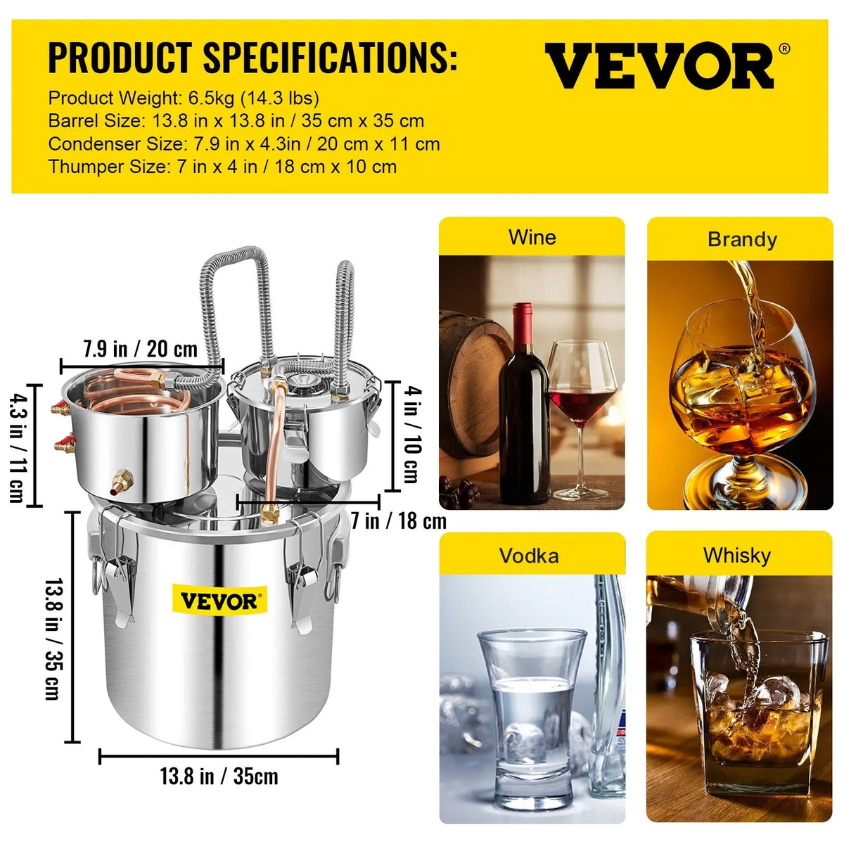 SIHAO Copper & Stainless Steel Moonshine Still – Home Alcohol Distiller with Built-in Thermometer & Condenser for Whiskey, Brandy & Essential Oils