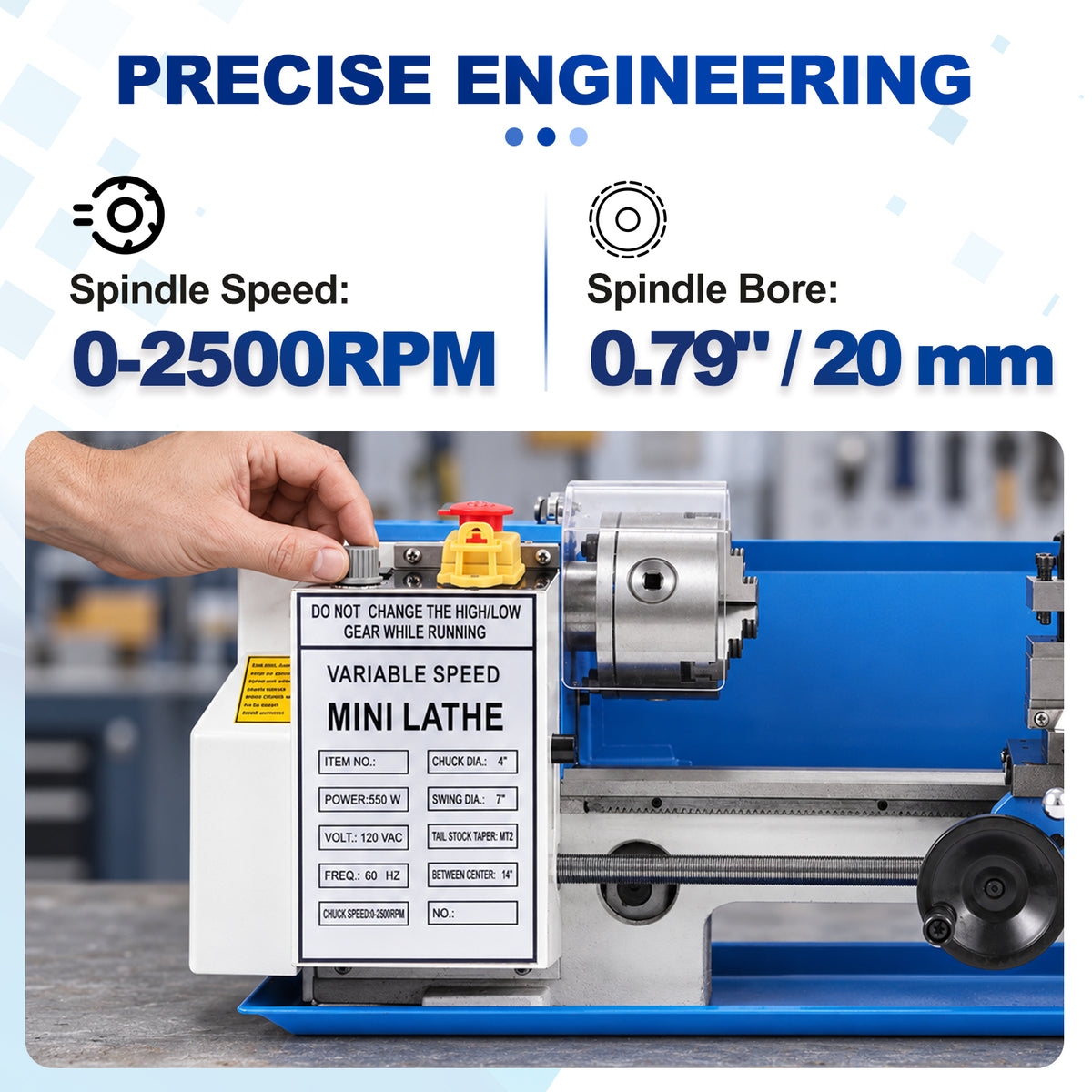 SIHAO Mini Metal Lathe Machine 550W, 7x14 Inch180x350mm Variable Speed Benchtop Lathe with 3-Jaw Chuck for Precision Metalworking, DIY Machining and Workshop Use