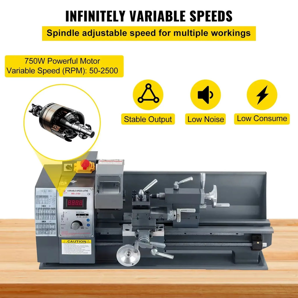 SIHAO 750W Mini Metal Lathe 8×16 Inch — 50-2500 RPM Infinitely Variable Speed MT3 Spindle Taper for Metalworking DIY