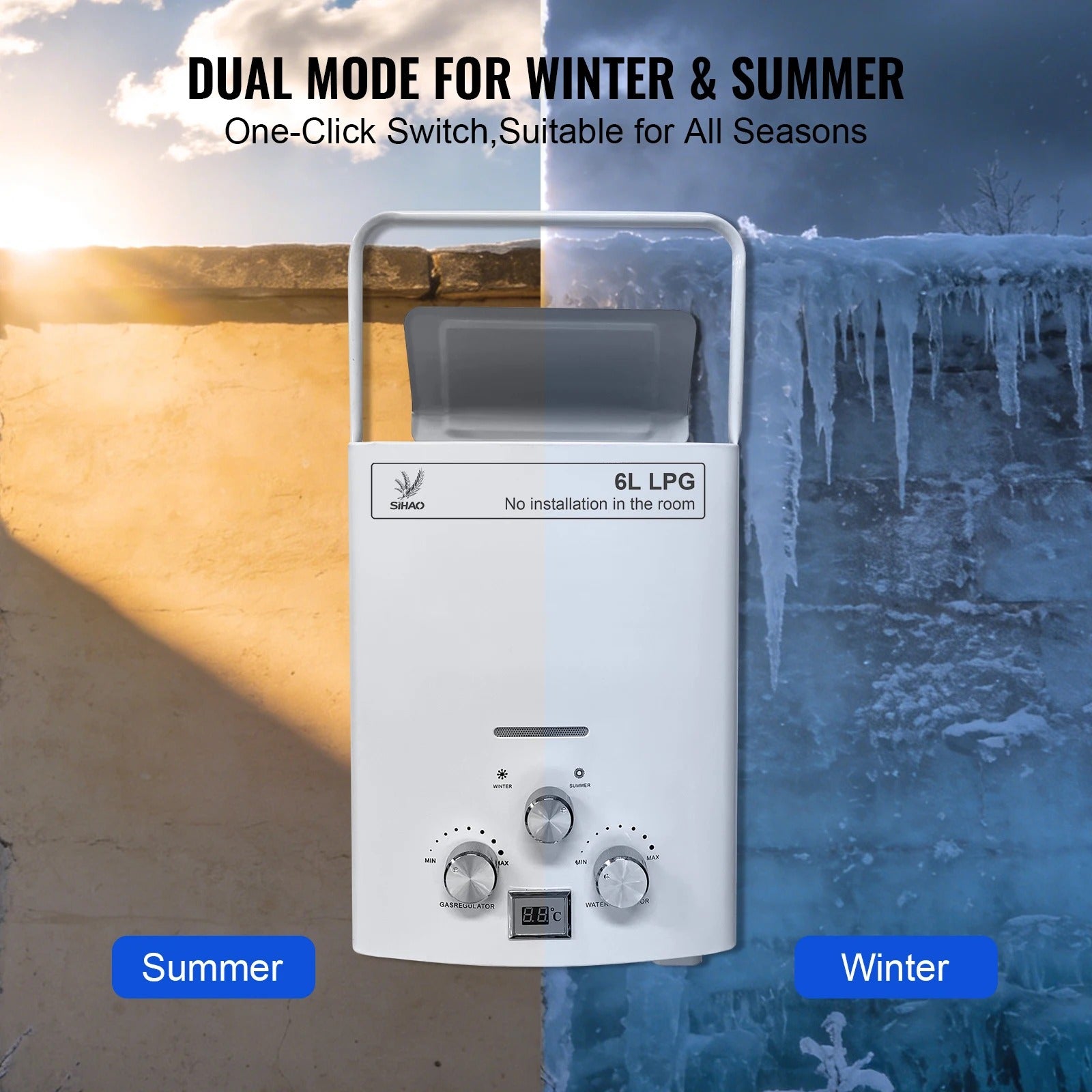 SIHAO 6L Portable Tankless Gas Water Heater with Digital Display & Shower Head – Propane Camping Shower, Outdoor Travel Hot Water System with Pressure Regulator