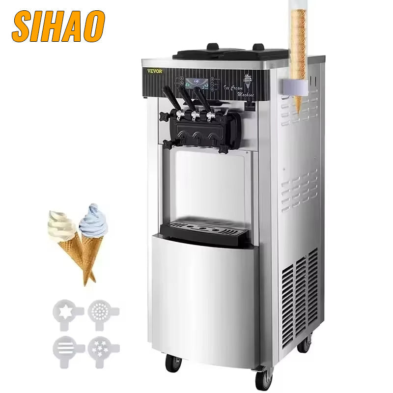 SIHAO Commercial Soft Serve Ice Cream Machine 2200W 20-28L/H - Dual 6L Hoppers for 2 Flavors, Dessert Shops & Bubble Tea Stores