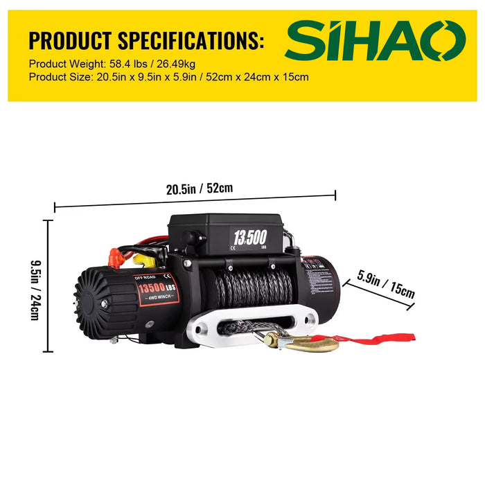SIHAO 12V Electric Winch 13500LBS, Truck/ATV Winch with Synthetic Rope & Wireless Remote, for 4X4 Off-Road Trailer Jeep Recovery