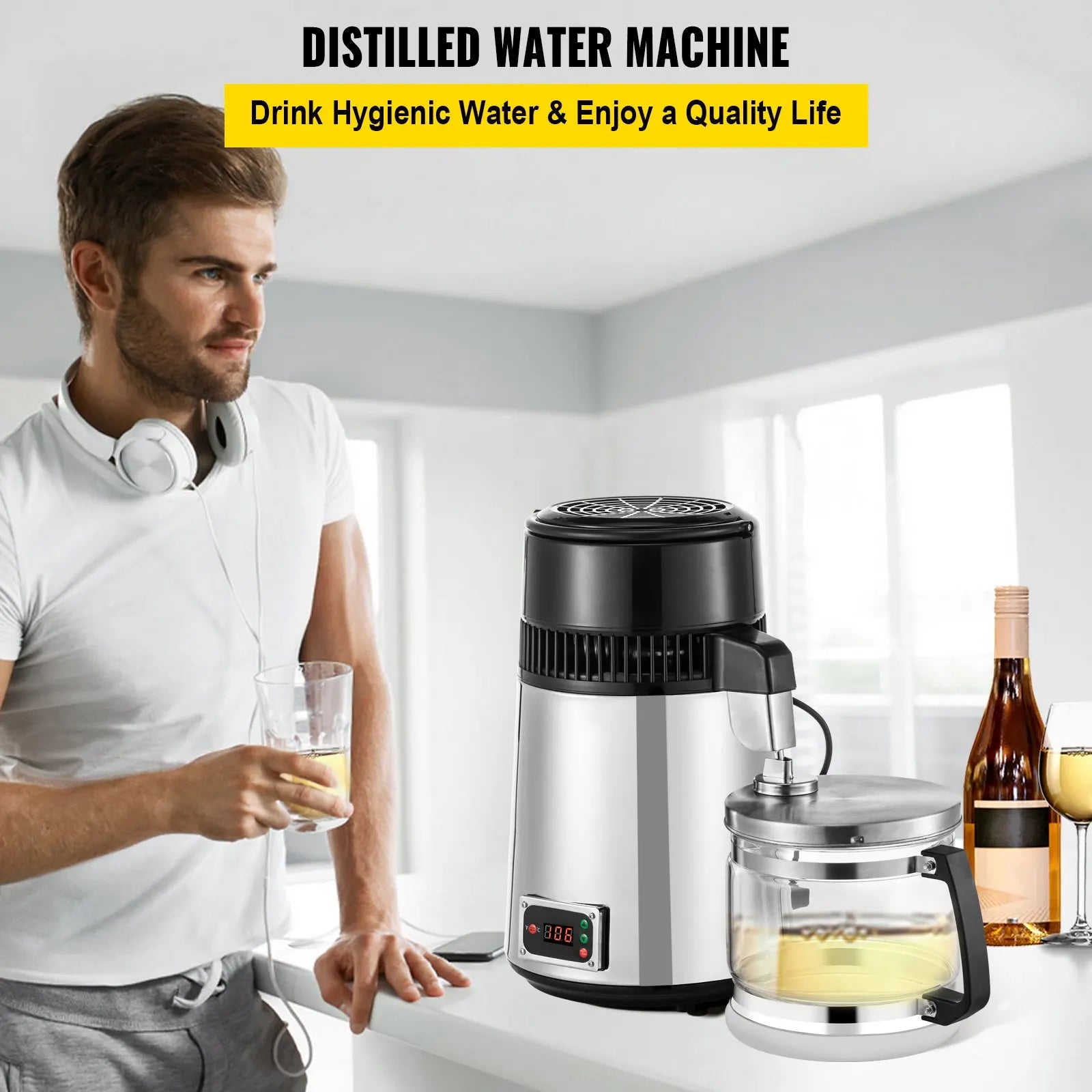 SIHAO 4L 750W Countertop Water Distiller – Stainless Steel, Adjustable Thermostat for Essential Oils & Homebrewing