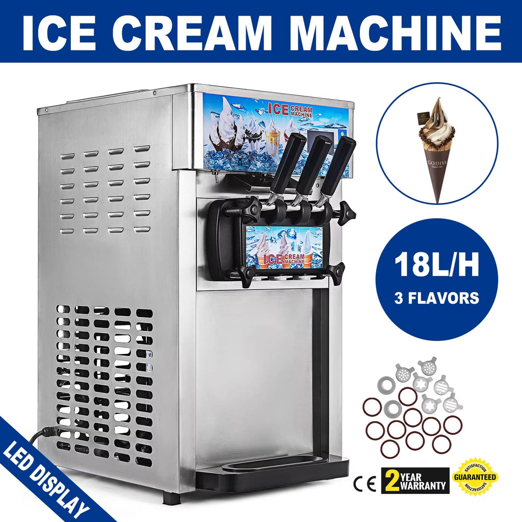 SIHAO Commercial Soft Serve Ice Cream Machine - Tri-Flavor 18L/H with LCD Display & One-Touch Cleaning for Dessert Shops, Cafes