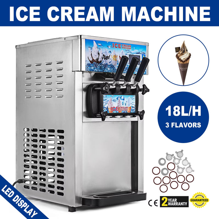 VEVOR Commercial Soft Serve Ice Cream Machine - Tri-Flavor 18L/H with LCD Display & One-Touch Cleaning for Dessert Shops, Cafes