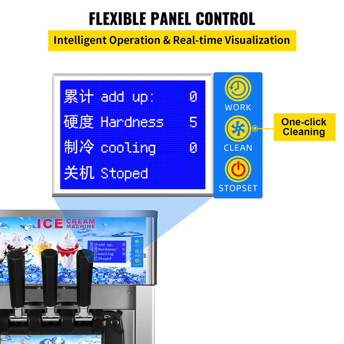 VEVOR Commercial Soft Serve Ice Cream Machine - Tri-Flavor 18L/H with LCD Display & One-Touch Cleaning for Dessert Shops, Cafes